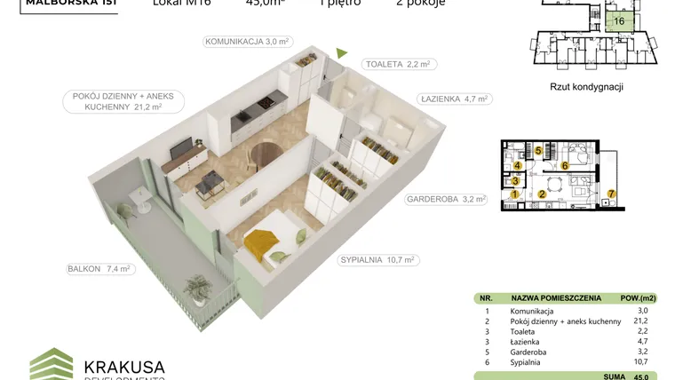 Rzut - Mieszkanie na sprzedaż 2 pokoje o powierzchni 45 m² - numer 16 w Malborska 151