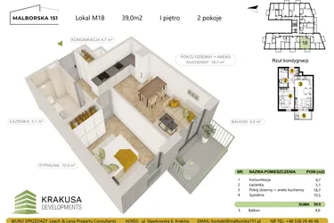 Rzut - Mieszkanie na sprzedaż 2 pokoje o powierzchni 39 m² - numer 18 w Malborska 151