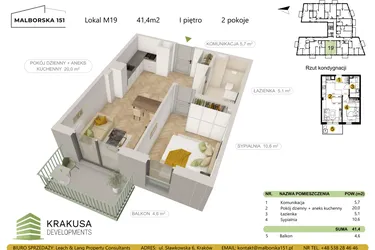 Rzut - Mieszkanie na sprzedaż 2 pokoje o powierzchni 41,4 m² - numer 19 w Malborska 151