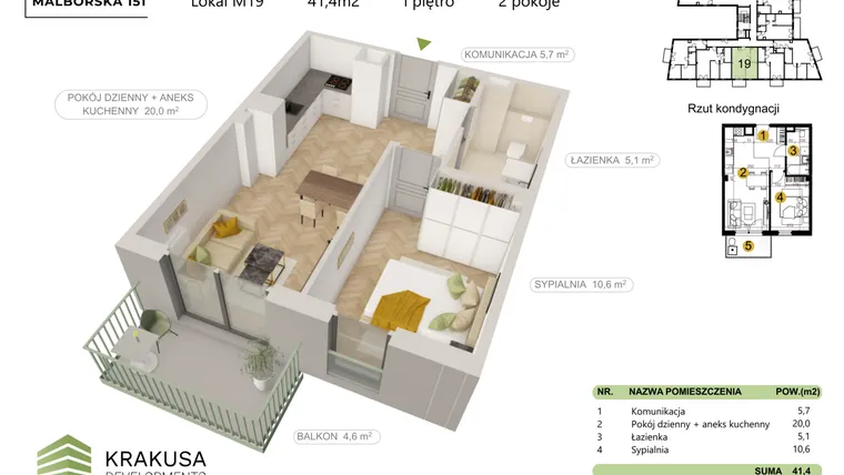 Rzut - Mieszkanie na sprzedaż 2 pokoje o powierzchni 41,4 m² - numer 19 w Malborska 151