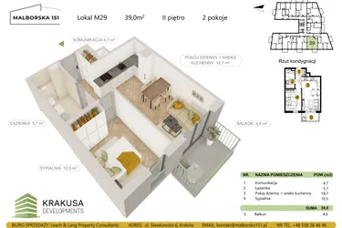 Rzut - Mieszkanie na sprzedaż 2 pokoje o powierzchni 39 m² - numer 29 w Malborska 151