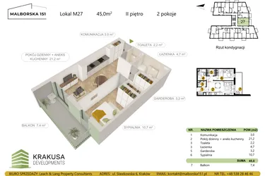 Rzut - Mieszkanie na sprzedaż 2 pokoje o powierzchni 45 m² - numer 27 w Malborska 151