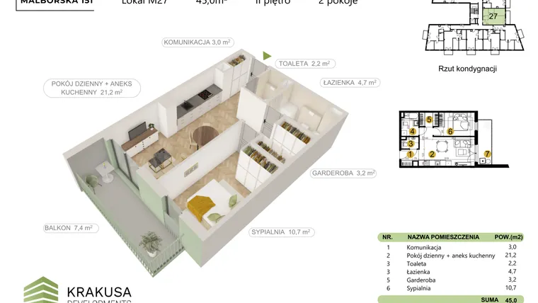 Rzut - Mieszkanie na sprzedaż 2 pokoje o powierzchni 45 m² - numer 27 w Malborska 151