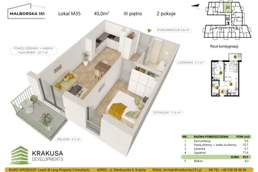 Rzut - Mieszkanie na sprzedaż 2 pokoje o powierzchni 45 m² - numer 35 w Malborska 151