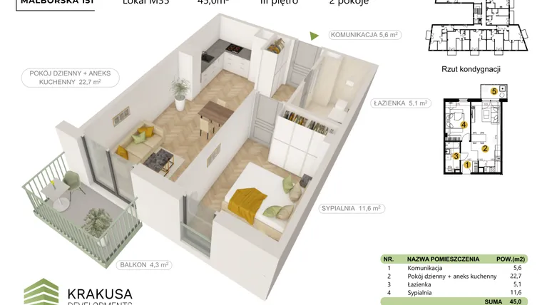 Rzut - Mieszkanie na sprzedaż 2 pokoje o powierzchni 45 m² - numer 35 w Malborska 151