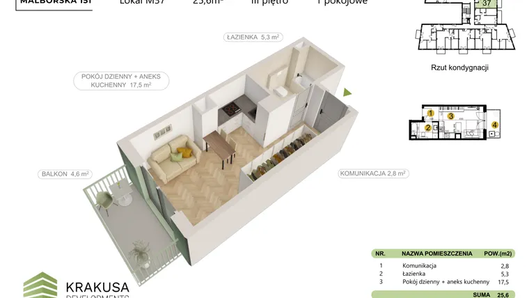 Rzut - Mieszkanie na sprzedaż 1 pokój o powierzchni 25,6 m² - numer 37 w Malborska 151