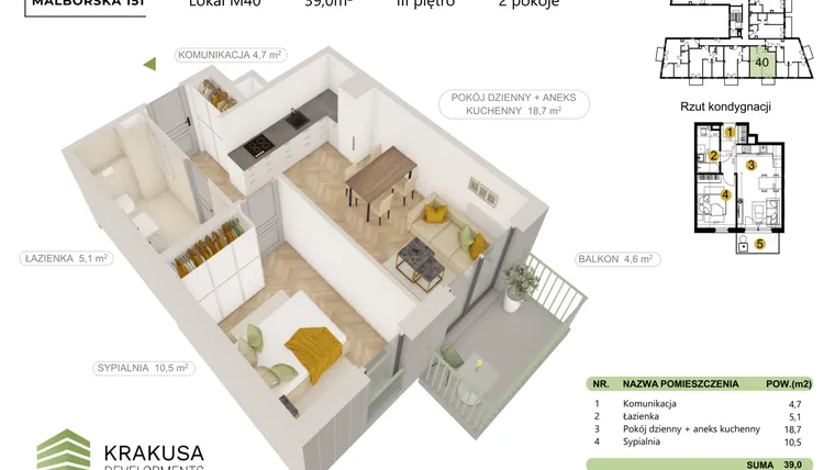 Rzut - Mieszkanie na sprzedaż 2 pokoje o powierzchni 39 m² - numer 40 w Malborska 151