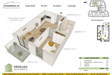 Rzut - Mieszkanie na sprzedaż 2 pokoje o powierzchni 43,3 m² - numer 34 w Malborska 151