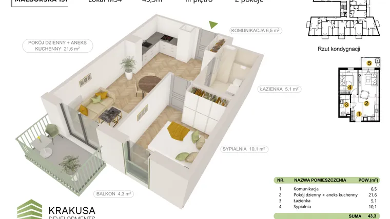 Rzut - Mieszkanie na sprzedaż 2 pokoje o powierzchni 43,3 m² - numer 34 w Malborska 151