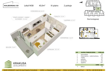 Rzut - Mieszkanie na sprzedaż 2 pokoje o powierzchni 45 m² - numer 38 w Malborska 151