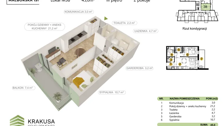 Rzut - Mieszkanie na sprzedaż 2 pokoje o powierzchni 45 m² - numer 38 w Malborska 151