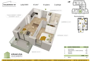 Rzut - Mieszkanie na sprzedaż 2 pokoje o powierzchni 41,4 m² - numer 41 w Malborska 151