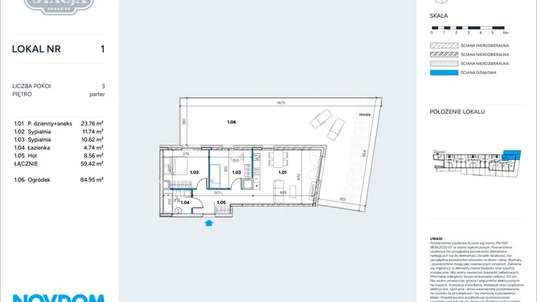 Rzut - Mieszkanie na sprzedaż 3 pokoje o powierzchni 59,42 m² - numer 1 w Stacja Grodzisk