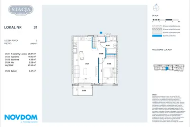 Rzut - Mieszkanie na sprzedaż 2 pokoje o powierzchni 47,45 m² - numer 31 w Stacja Grodzisk