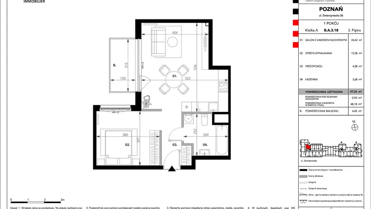Rzut - Mieszkanie na sprzedaż 1 pokój o powierzchni 47,26 m² - numer B.A.3.18 w Zajezdnia