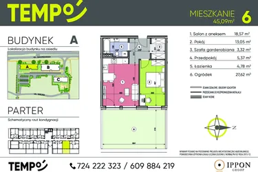 Rzut - Mieszkanie na sprzedaż 2 pokoje o powierzchni 45,09 m² - numer A6 w Osiedle TEMPO