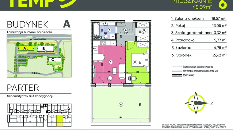 Rzut - Mieszkanie na sprzedaż 2 pokoje o powierzchni 45,09 m² - numer A6 w Osiedle TEMPO