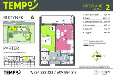Rzut - Mieszkanie na sprzedaż 2 pokoje o powierzchni 44,15 m² - numer A2 w Osiedle TEMPO