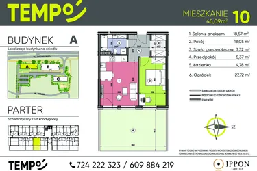 Rzut - Mieszkanie na sprzedaż 2 pokoje o powierzchni 45,09 m² - numer A10 w Osiedle TEMPO