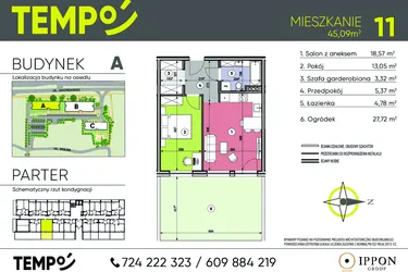 Rzut - Mieszkanie na sprzedaż 2 pokoje o powierzchni 45,09 m² - numer A11 w Osiedle TEMPO
