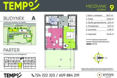 Rzut - Mieszkanie na sprzedaż 2 pokoje o powierzchni 45,09 m² - numer A9 w Osiedle TEMPO