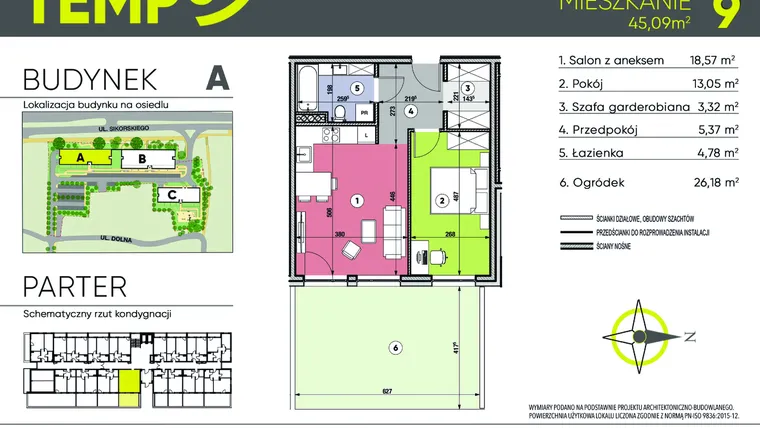 Rzut - Mieszkanie na sprzedaż 2 pokoje o powierzchni 45,09 m² - numer A9 w Osiedle TEMPO