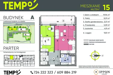 Rzut - Mieszkanie na sprzedaż 2 pokoje o powierzchni 46,72 m² - numer A15 w Osiedle TEMPO