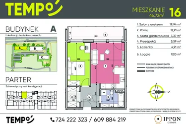 Rzut - Mieszkanie na sprzedaż 2 pokoje o powierzchni 46,72 m² - numer A16 w Osiedle TEMPO