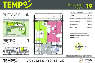 Rzut - Mieszkanie na sprzedaż 2 pokoje o powierzchni 44,15 m² - numer A19 w Osiedle TEMPO
