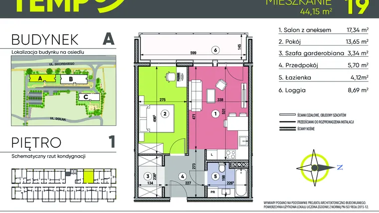 Rzut - Mieszkanie na sprzedaż 2 pokoje o powierzchni 44,15 m² - numer A19 w Osiedle TEMPO