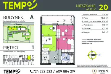 Rzut - Mieszkanie na sprzedaż 2 pokoje o powierzchni 44,15 m² - numer A20 w Osiedle TEMPO