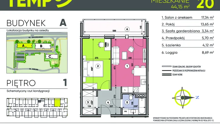 Rzut - Mieszkanie na sprzedaż 2 pokoje o powierzchni 44,15 m² - numer A20 w Osiedle TEMPO