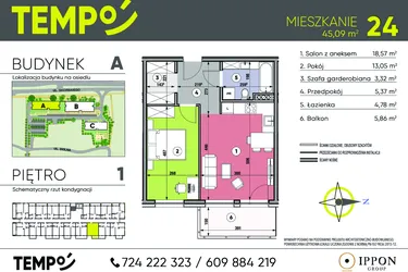 Rzut - Mieszkanie na sprzedaż 2 pokoje o powierzchni 45,09 m² - numer A24 w Osiedle TEMPO
