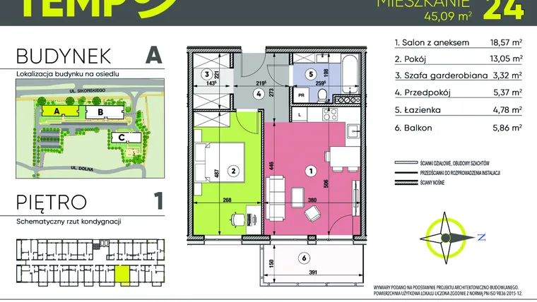 Rzut - Mieszkanie na sprzedaż 2 pokoje o powierzchni 45,09 m² - numer A24 w Osiedle TEMPO