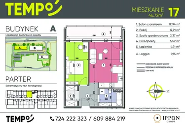 Rzut - Mieszkanie na sprzedaż 2 pokoje o powierzchni 46,72 m² - numer A17 w Osiedle TEMPO