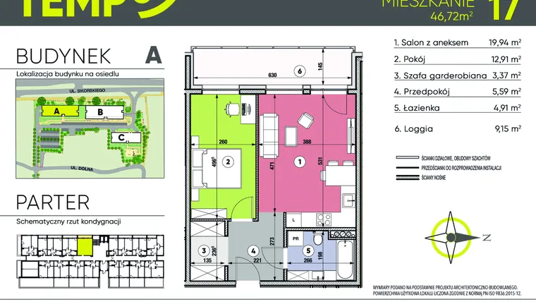 Rzut - Mieszkanie na sprzedaż 2 pokoje o powierzchni 46,72 m² - numer A17 w Osiedle TEMPO