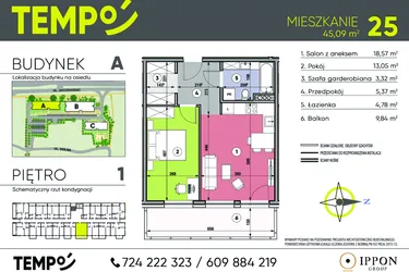 Rzut - Mieszkanie na sprzedaż 2 pokoje o powierzchni 45,09 m² - numer A25 w Osiedle TEMPO