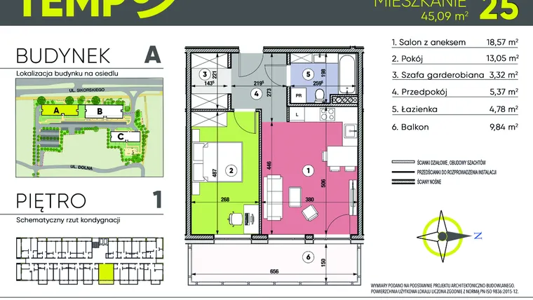 Rzut - Mieszkanie na sprzedaż 2 pokoje o powierzchni 45,09 m² - numer A25 w Osiedle TEMPO