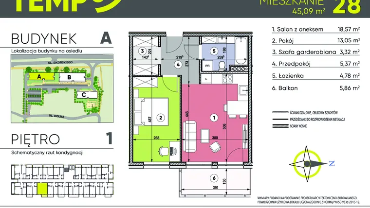 Rzut - Mieszkanie na sprzedaż 2 pokoje o powierzchni 45,09 m² - numer A28 w Osiedle TEMPO