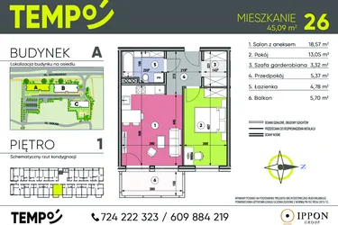 Rzut - Mieszkanie na sprzedaż 2 pokoje o powierzchni 45,09 m² - numer A26 w Osiedle TEMPO