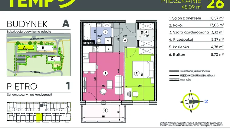 Rzut - Mieszkanie na sprzedaż 2 pokoje o powierzchni 45,09 m² - numer A26 w Osiedle TEMPO