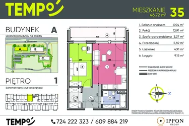 Rzut - Mieszkanie na sprzedaż 2 pokoje o powierzchni 46,72 m² - numer A35 w Osiedle TEMPO