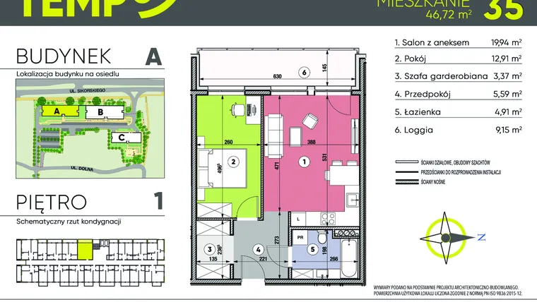 Rzut - Mieszkanie na sprzedaż 2 pokoje o powierzchni 46,72 m² - numer A35 w Osiedle TEMPO