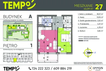 Rzut - Mieszkanie na sprzedaż 2 pokoje o powierzchni 45,09 m² - numer A27 w Osiedle TEMPO