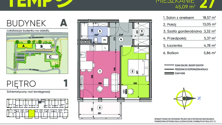 Rzut - Mieszkanie na sprzedaż 2 pokoje o powierzchni 45,09 m² - numer A27 w Osiedle TEMPO