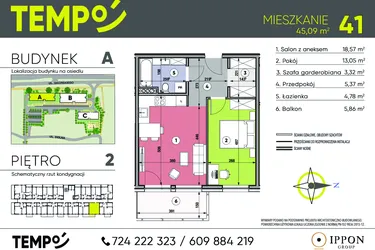Rzut - Mieszkanie na sprzedaż 2 pokoje o powierzchni 45,09 m² - numer A41 w Osiedle TEMPO