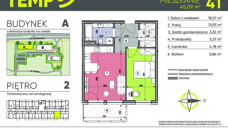 Rzut - Mieszkanie na sprzedaż 2 pokoje o powierzchni 45,09 m² - numer A41 w Osiedle TEMPO
