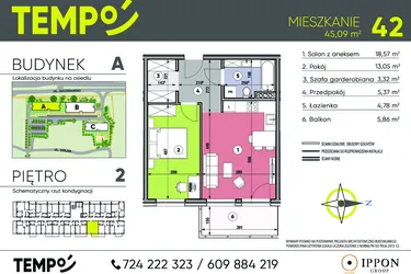 Rzut - Mieszkanie na sprzedaż 2 pokoje o powierzchni 45,09 m² - numer A42 w Osiedle TEMPO