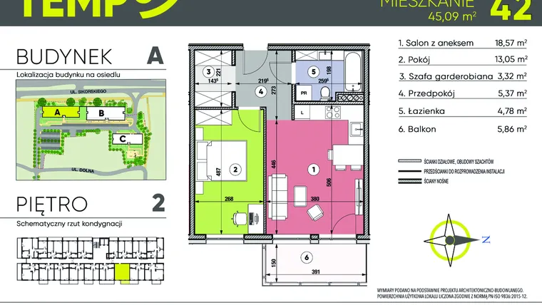 Rzut - Mieszkanie na sprzedaż 2 pokoje o powierzchni 45,09 m² - numer A42 w Osiedle TEMPO