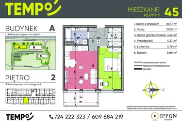 Rzut - Mieszkanie na sprzedaż 2 pokoje o powierzchni 45,09 m² - numer A45 w Osiedle TEMPO